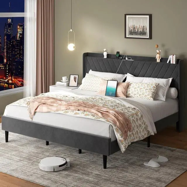 Main image of King Bed Frame with Led Light, Metal Platform Bed with Charging Port and Linen Fabric Storage Headboard, Strong Metal Slats, Easy Assembly, No Box Spring Needed, Modern, Black