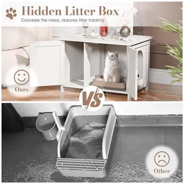 Alt view image 5 of 7 - JY QAQA Cat Litter Box Enclosure,Litter Box Furniture Hidden with Barn Door,Wooden Cat Washroom Furniture,Cat House,Fit Most of Litter Box,White