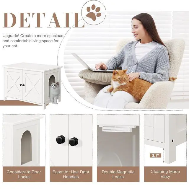 Alt view image 6 of 7 - JY QAQA Cat Litter Box Enclosure,Litter Box Furniture Hidden with Barn Door,Wooden Cat Washroom Furniture,Cat House,Fit Most of Litter Box,White