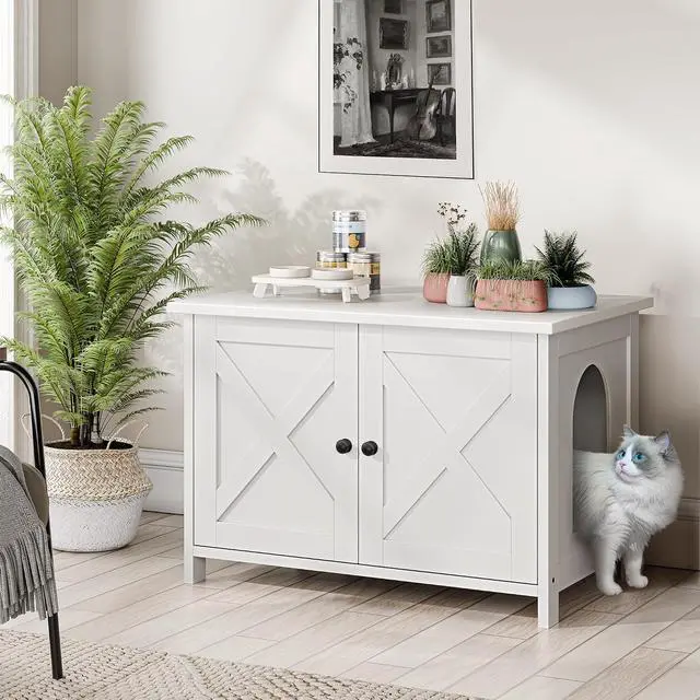 Alt view image 7 of 7 - JY QAQA Cat Litter Box Enclosure,Litter Box Furniture Hidden with Barn Door,Wooden Cat Washroom Furniture,Cat House,Fit Most of Litter Box,White