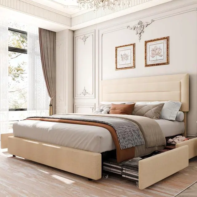 Main image of Full Bed Frame with Led Light and 2 Drawers, Metal Platform Bed with Charging Station and Linen Fabric Storage Headboard, Strong Metal Slats, Black