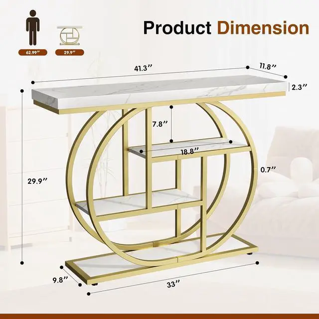 Alt view image 2 of 7 - Console Table with Circle Base, Industrial Narrow Entryway Table with Storage, 4-Tier Wood Sofa Table for Living Room, Hallway, White