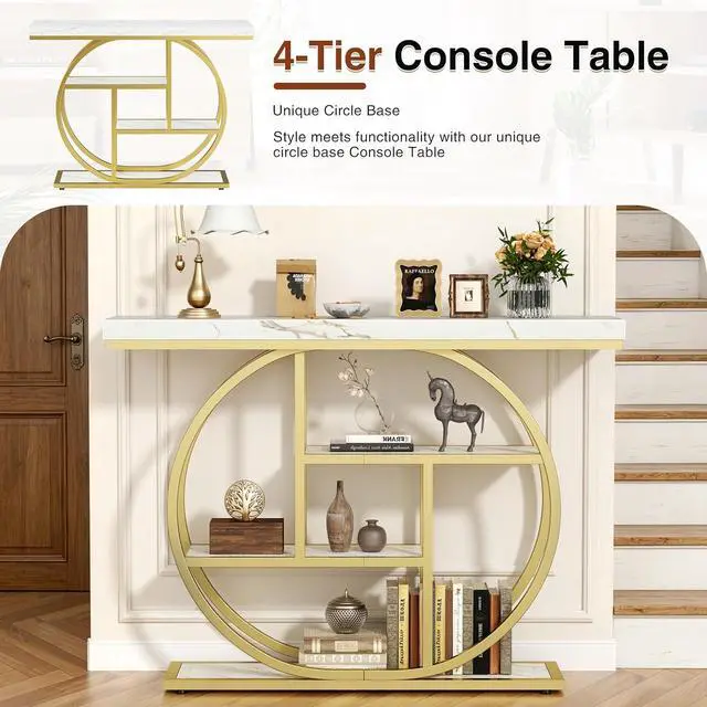 Alt view image 4 of 7 - Console Table with Circle Base, Industrial Narrow Entryway Table with Storage, 4-Tier Wood Sofa Table for Living Room, Hallway, White