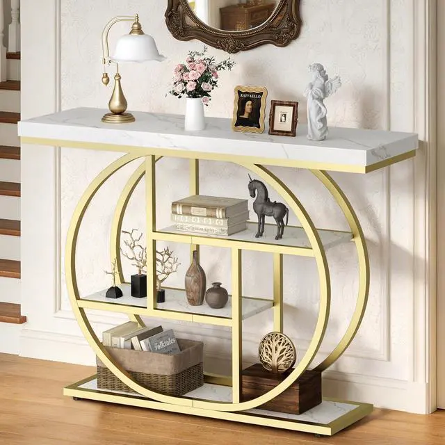 Alt view image 3 of 7 - Console Table with Circle Base, Industrial Narrow Entryway Table with Storage, 4-Tier Wood Sofa Table for Living Room, Hallway, White