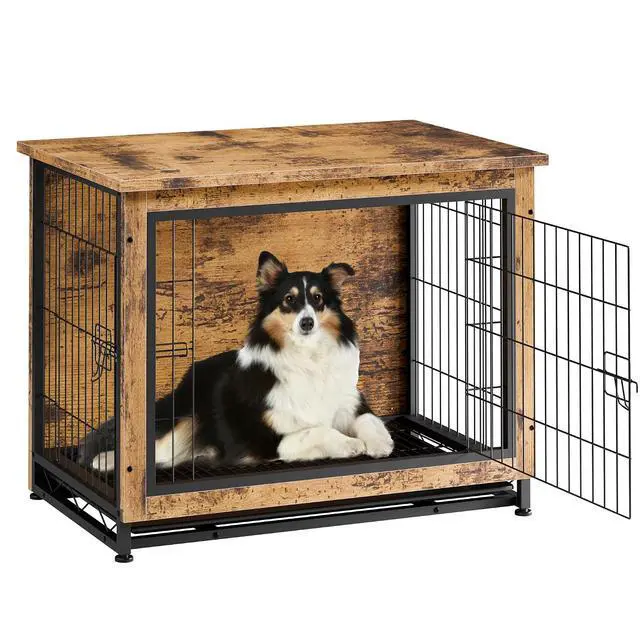 Alt view image 2 of 7 - Dog Crate Furniture, Side End Table, Modern Wooden Kennel for Dogs Indoor, Heavy-Duty Dog Cage with Multi-Purpose Removable Tray, Double-Door Dog House, Rustic Brown