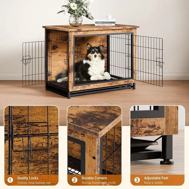 Alt view image 5 of 7 - Dog Crate Furniture, Side End Table, Modern Wooden Kennel for Dogs Indoor, Heavy-Duty Dog Cage with Multi-Purpose Removable Tray, Double-Door Dog House, Rustic Brown