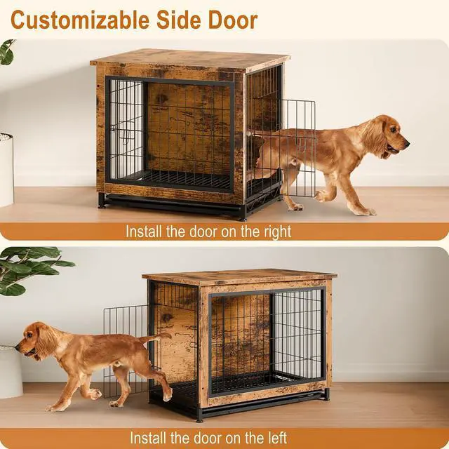 Alt view image 6 of 7 - Dog Crate Furniture, Side End Table, Modern Wooden Kennel for Dogs Indoor, Heavy-Duty Dog Cage with Multi-Purpose Removable Tray, Double-Door Dog House, Rustic Brown