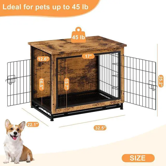 Alt view image 3 of 7 - Dog Crate Furniture, Side End Table, Modern Wooden Kennel for Dogs Indoor, Heavy-Duty Dog Cage with Multi-Purpose Removable Tray, Double-Door Dog House, Rustic Brown