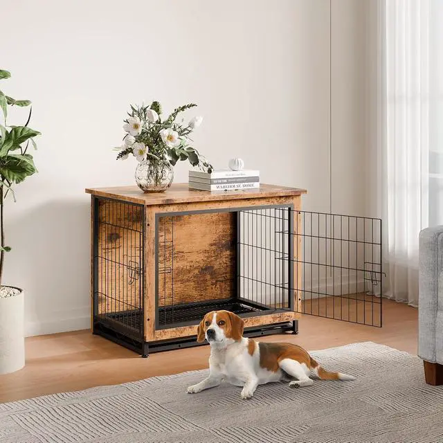 Alt view image 7 of 7 - Dog Crate Furniture, Side End Table, Modern Wooden Kennel for Dogs Indoor, Heavy-Duty Dog Cage with Multi-Purpose Removable Tray, Double-Door Dog House, Rustic Brown