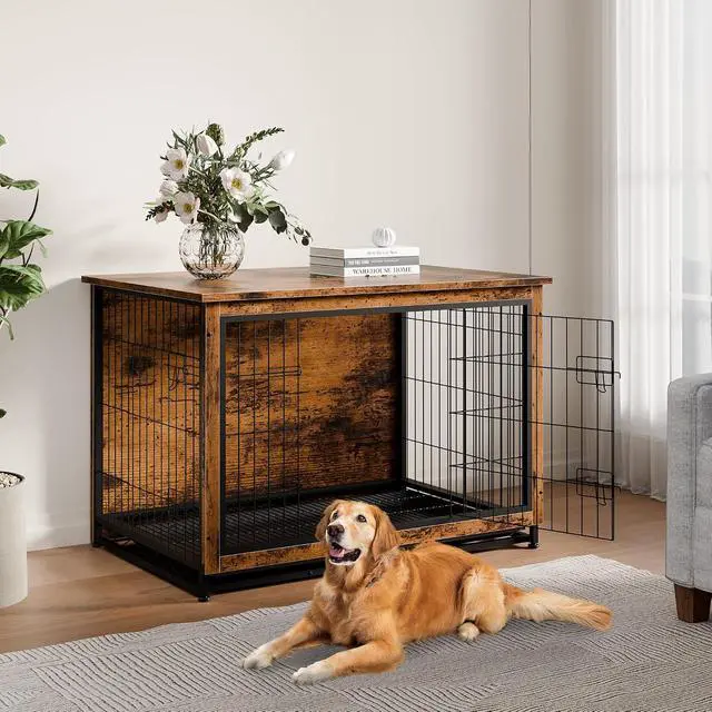 Alt view image 2 of 7 - Dog Crate Furniture, Side End Table, Modern Wooden Kennel for Dogs Indoor, Heavy-Duty Dog Cage with Multi-Purpose Removable Tray, Double-Door Dog House, Rustic Brown