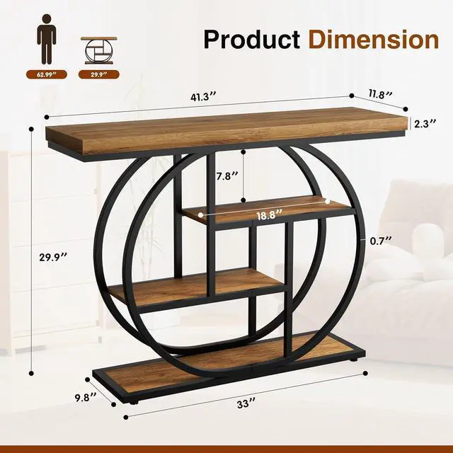 Alt view image 2 of 7 - Console Table with Circle Base, Industrial Narrow Entryway Table with Storage, 4-Tier Wood Sofa Table for Living Room, Hallway, Rustic Brown