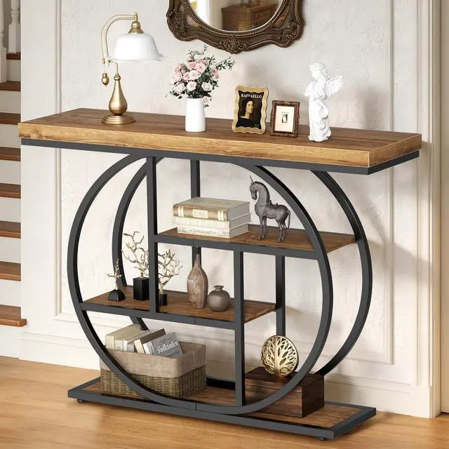 Alt view image 3 of 7 - Console Table with Circle Base, Industrial Narrow Entryway Table with Storage, 4-Tier Wood Sofa Table for Living Room, Hallway, Rustic Brown