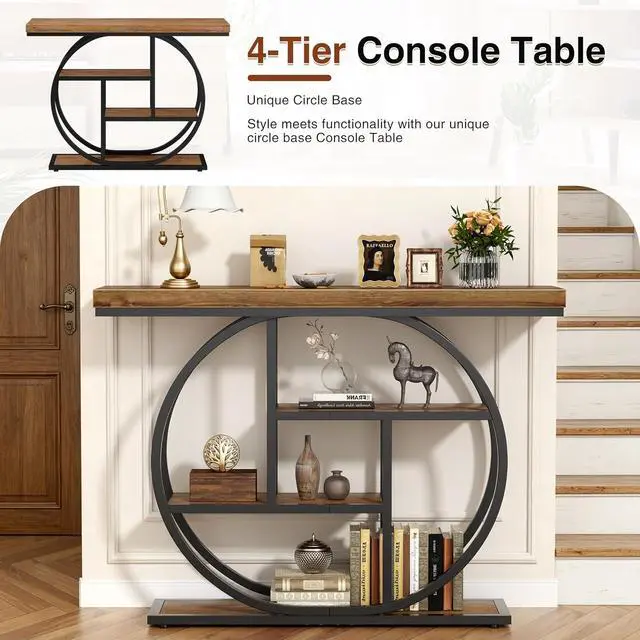 Alt view image 4 of 7 - Console Table with Circle Base, Industrial Narrow Entryway Table with Storage, 4-Tier Wood Sofa Table for Living Room, Hallway, Rustic Brown
