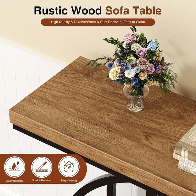 Alt view image 5 of 7 - Console Table with Circle Base, Industrial Narrow Entryway Table with Storage, 4-Tier Wood Sofa Table for Living Room, Hallway, Rustic Brown
