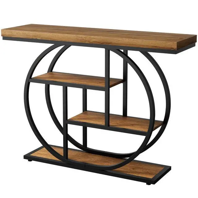 Alt view image 7 of 7 - Console Table with Circle Base, Industrial Narrow Entryway Table with Storage, 4-Tier Wood Sofa Table for Living Room, Hallway, Rustic Brown