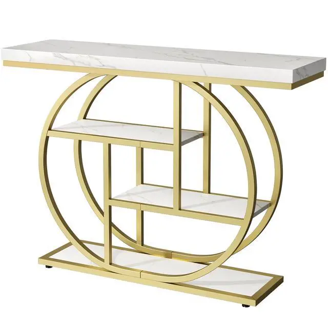 Alt view image 7 of 7 - Console Table with Circle Base, Industrial Narrow Entryway Table with Storage, 4-Tier Wood Sofa Table for Living Room, Hallway, White