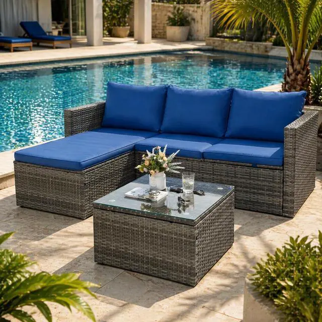 Main image of Small Outdoor Sofa Patio Furniture Set with Detachable Cushions, 3 PCS Patio Sectional Sofa with Coffee Table & 5 Position Adjustable,PE Rattan Patio Conversation Set, Silver Rattan/Royal Blue