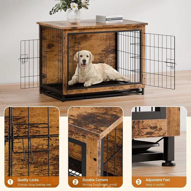 Alt view image 4 of 7 - Dog Crate Furniture, Side End Table, Modern Wooden Kennel for Dogs Indoor, Heavy-Duty Dog Cage with Multi-Purpose Removable Tray, Double-Door Dog House, Rustic Brown