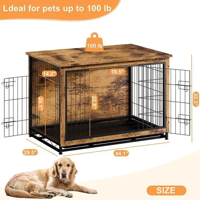 Alt view image 3 of 7 - Dog Crate Furniture, Side End Table, Modern Wooden Kennel for Dogs Indoor, Heavy-Duty Dog Cage with Multi-Purpose Removable Tray, Double-Door Dog House, Rustic Brown