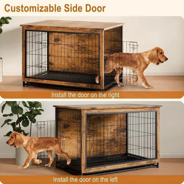 Alt view image 6 of 7 - Dog Crate Furniture, Side End Table, Modern Wooden Kennel for Dogs Indoor, Heavy-Duty Dog Cage with Multi-Purpose Removable Tray, Double-Door Dog House, Rustic Brown
