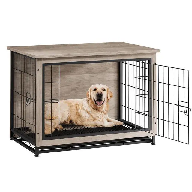 Alt view image 2 of 7 - Dog Crate Furniture, Side End Table, Modern Wooden Kennel for Dogs Indoor, Heavy-Duty Dog Cage with Multi-Purpose Removable Tray, Double-Door Dog House, Grey