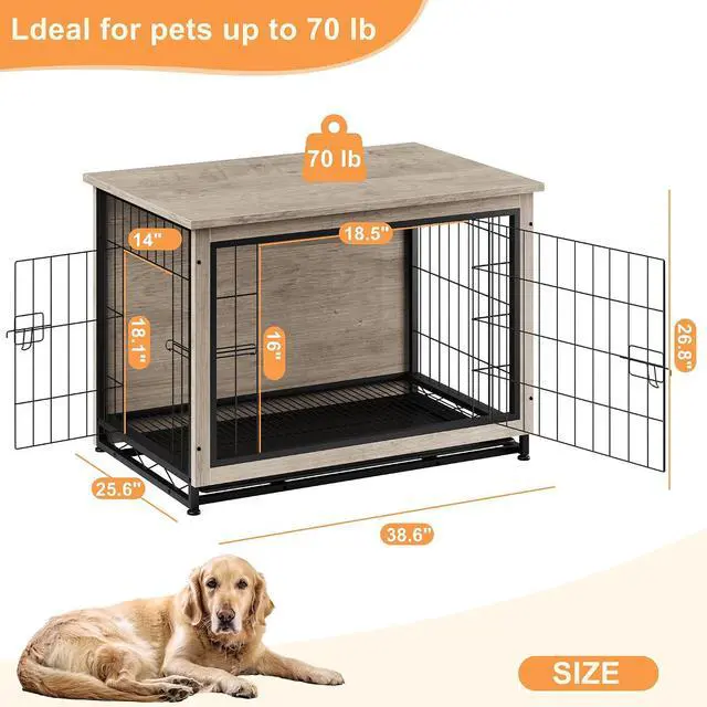 Alt view image 3 of 7 - Dog Crate Furniture, Side End Table, Modern Wooden Kennel for Dogs Indoor, Heavy-Duty Dog Cage with Multi-Purpose Removable Tray, Double-Door Dog House, Grey