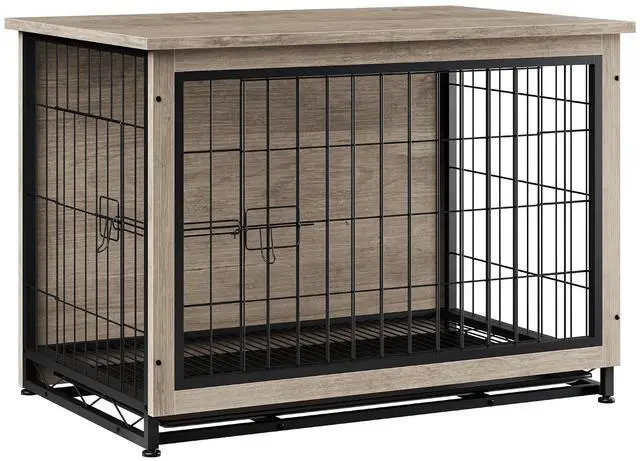 Main image of Dog Crate Furniture, Side End Table, Modern Wooden Kennel for Dogs Indoor, Heavy-Duty Dog Cage with Multi-Purpose Removable Tray, Double-Door Dog House, Grey