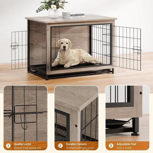 Alt view image 5 of 7 - Dog Crate Furniture, Side End Table, Modern Wooden Kennel for Dogs Indoor, Heavy-Duty Dog Cage with Multi-Purpose Removable Tray, Double-Door Dog House, Grey