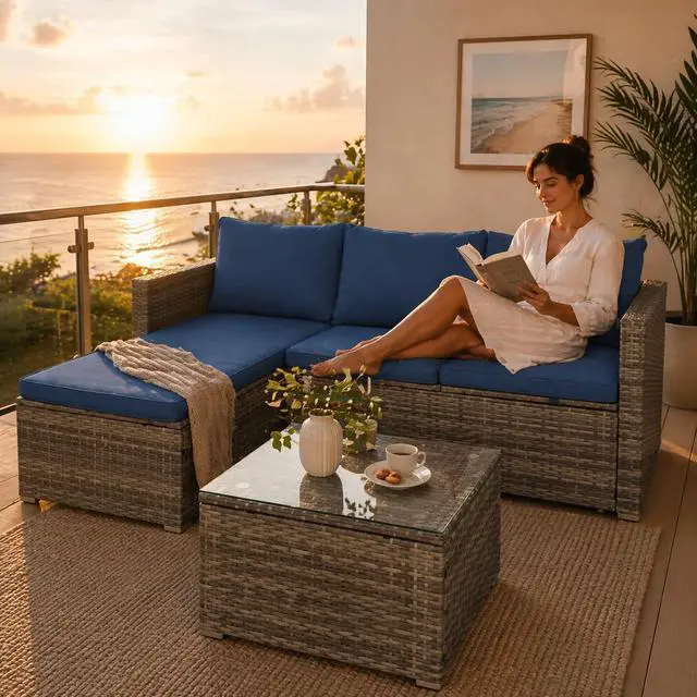 Alt view image 3 of 7 - Small Outdoor Sofa Patio Furniture Set with Detachable Cushions, 3 PCS Patio Sectional Sofa with Coffee Table & 5 Position Adjustable,PE Rattan Patio Conversation Set, Silver Rattan/Royal Blue