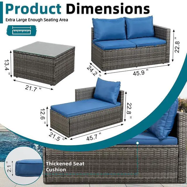 Alt view image 2 of 7 - Small Outdoor Sofa Patio Furniture Set with Detachable Cushions, 3 PCS Patio Sectional Sofa with Coffee Table & 5 Position Adjustable,PE Rattan Patio Conversation Set, Silver Rattan/Royal Blue