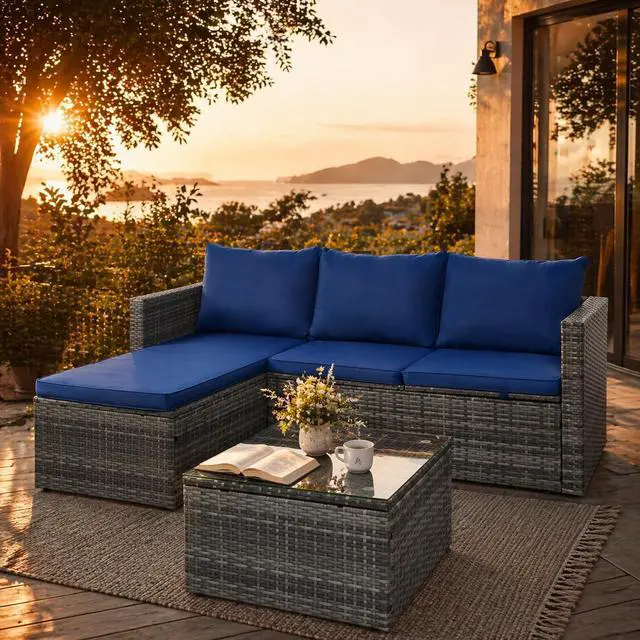 Alt view image 7 of 7 - Small Outdoor Sofa Patio Furniture Set with Detachable Cushions, 3 PCS Patio Sectional Sofa with Coffee Table & 5 Position Adjustable,PE Rattan Patio Conversation Set, Silver Rattan/Royal Blue