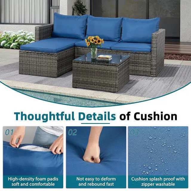 Alt view image 5 of 7 - Small Outdoor Sofa Patio Furniture Set with Detachable Cushions, 3 PCS Patio Sectional Sofa with Coffee Table & 5 Position Adjustable,PE Rattan Patio Conversation Set, Silver Rattan/Royal Blue
