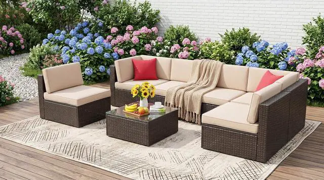 Alt view image 2 of 7 - 7 Pieces Patio Furniture Sets, Outdoor Sectional Patio Sofa Set | All-Weather Patio Conversation Set PE Rattan Wicker Modular Couch with Coffee Table for Garden, Poolside, Backyard, Beige
