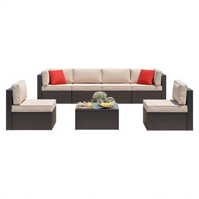 Main image of 7 Pieces Patio Furniture Sets, Outdoor Sectional Patio Sofa Set | All-Weather Patio Conversation Set PE Rattan Wicker Modular Couch with Coffee Table for Garden, Poolside, Backyard, Beige