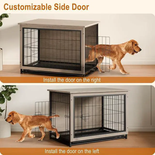 Alt view image 6 of 7 - Dog Crate Furniture, Side End Table, Modern Wooden Kennel for Dogs Indoor, Heavy-Duty Dog Cage with Multi-Purpose Removable Tray, Double-Door Dog House, Grey