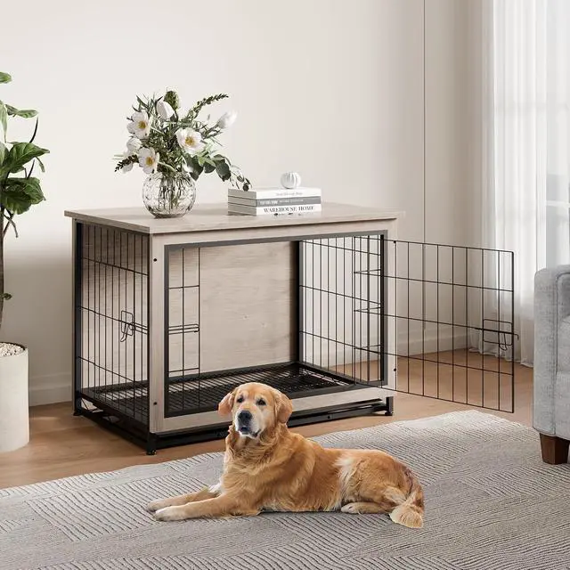 Alt view image 7 of 7 - Dog Crate Furniture, Side End Table, Modern Wooden Kennel for Dogs Indoor, Heavy-Duty Dog Cage with Multi-Purpose Removable Tray, Double-Door Dog House, Grey
