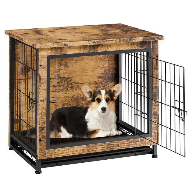 Alt view image 2 of 7 - Dog Crate Furniture, Side End Table, Modern Wooden Kennel for Dogs Indoor, Heavy-Duty Dog Cage with Multi-Purpose Removable Tray, Double-Door Dog House, Rustic Brown