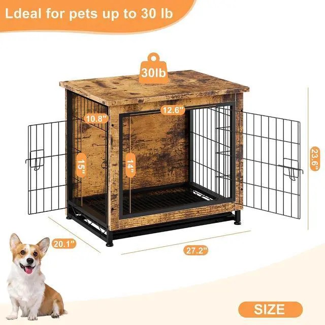 Alt view image 3 of 7 - Dog Crate Furniture, Side End Table, Modern Wooden Kennel for Dogs Indoor, Heavy-Duty Dog Cage with Multi-Purpose Removable Tray, Double-Door Dog House, Rustic Brown