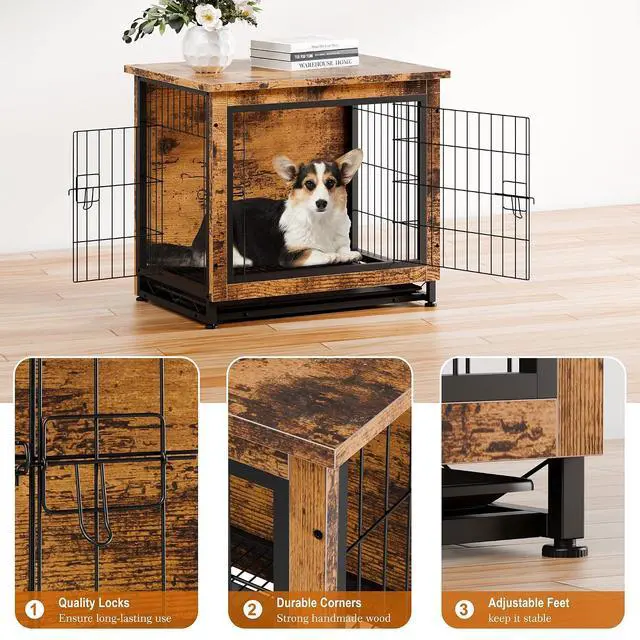 Alt view image 5 of 7 - Dog Crate Furniture, Side End Table, Modern Wooden Kennel for Dogs Indoor, Heavy-Duty Dog Cage with Multi-Purpose Removable Tray, Double-Door Dog House, Rustic Brown
