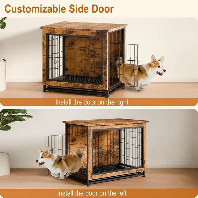 Alt view image 6 of 7 - Dog Crate Furniture, Side End Table, Modern Wooden Kennel for Dogs Indoor, Heavy-Duty Dog Cage with Multi-Purpose Removable Tray, Double-Door Dog House, Rustic Brown
