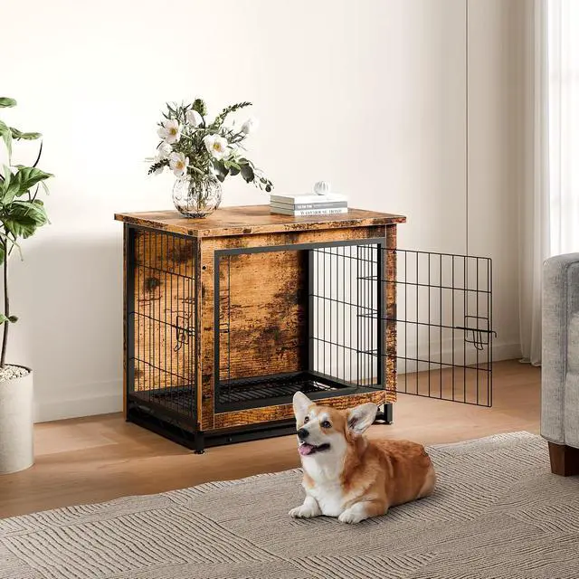 Alt view image 7 of 7 - Dog Crate Furniture, Side End Table, Modern Wooden Kennel for Dogs Indoor, Heavy-Duty Dog Cage with Multi-Purpose Removable Tray, Double-Door Dog House, Rustic Brown