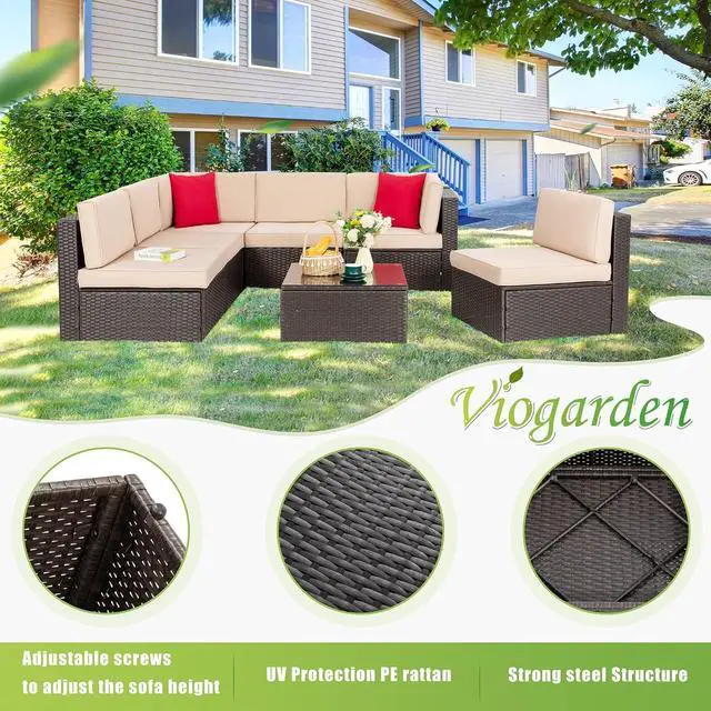 Alt view image 6 of 7 - 7 Pieces Patio Furniture Sets, Outdoor Patio Conversation Set PE Rattan Wicker Sectional Sofa Couch with Glass Coffee Table for Garden, Poolside, Backyard, Beige