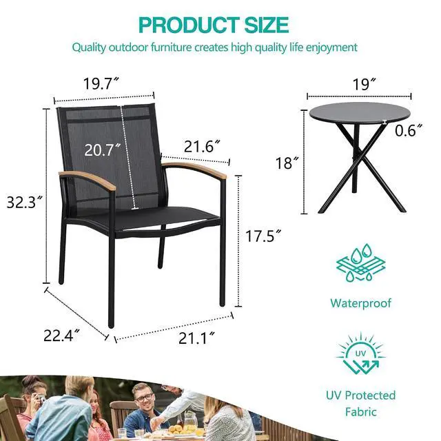 Alt view image 3 of 7 - 3-Piece Patio Bistro Set, Outdoor Small Furniture Set Textilene Fabric Conversation Bistro Sets Porch Chairs with Coffee Table for Patio, Balcony, Porch,Yard (Black)