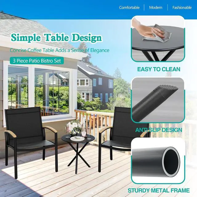 Alt view image 4 of 7 - 3-Piece Patio Bistro Set, Outdoor Small Furniture Set Textilene Fabric Conversation Bistro Sets Porch Chairs with Coffee Table for Patio, Balcony, Porch,Yard (Black)