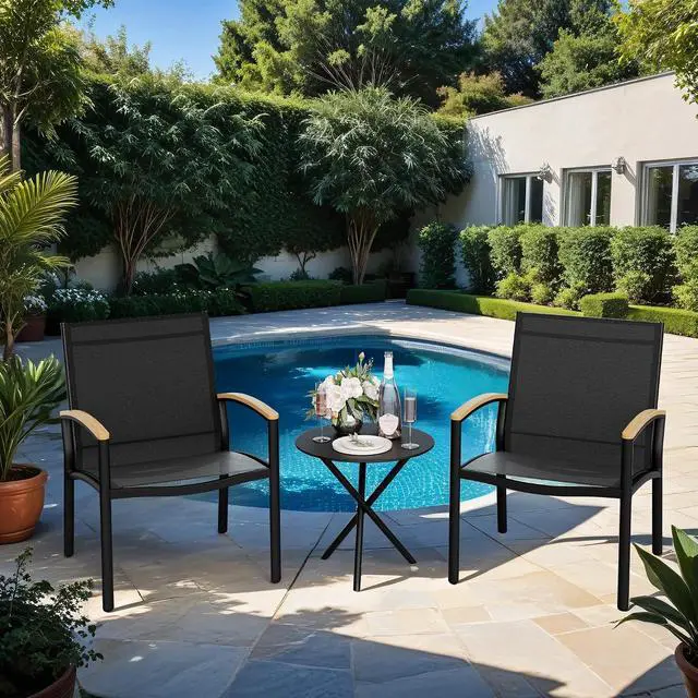 Alt view image 2 of 7 - 3-Piece Patio Bistro Set, Outdoor Small Furniture Set Textilene Fabric Conversation Bistro Sets Porch Chairs with Coffee Table for Patio, Balcony, Porch,Yard (Black)