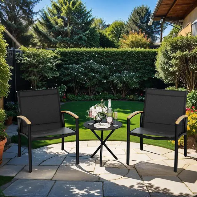 Alt view image 6 of 7 - 3-Piece Patio Bistro Set, Outdoor Small Furniture Set Textilene Fabric Conversation Bistro Sets Porch Chairs with Coffee Table for Patio, Balcony, Porch,Yard (Black)