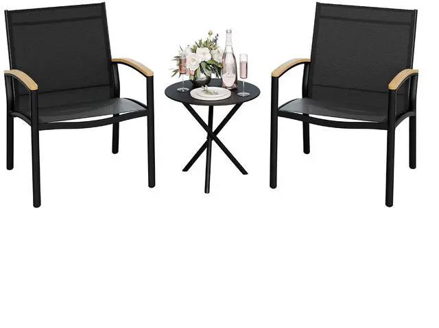 Main image of 3-Piece Patio Bistro Set, Outdoor Small Furniture Set Textilene Fabric Conversation Bistro Sets Porch Chairs with Coffee Table for Patio, Balcony, Porch,Yard (Black)