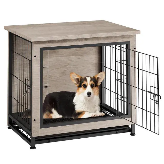 Alt view image 2 of 7 - Dog Crate Furniture, Side End Table, Modern Wooden Kennel for Dogs Indoor, Heavy-Duty Dog Cage with Multi-Purpose Removable Tray, Double-Door Dog House, Grey