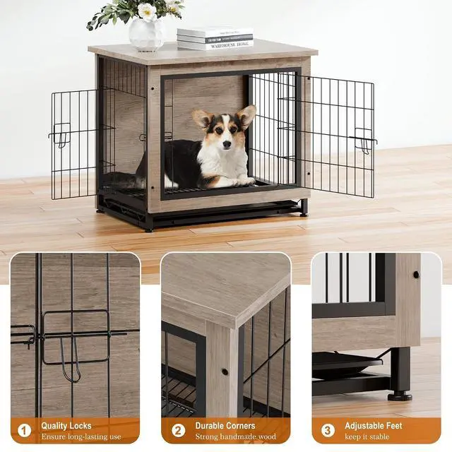 Alt view image 5 of 7 - Dog Crate Furniture, Side End Table, Modern Wooden Kennel for Dogs Indoor, Heavy-Duty Dog Cage with Multi-Purpose Removable Tray, Double-Door Dog House, Grey
