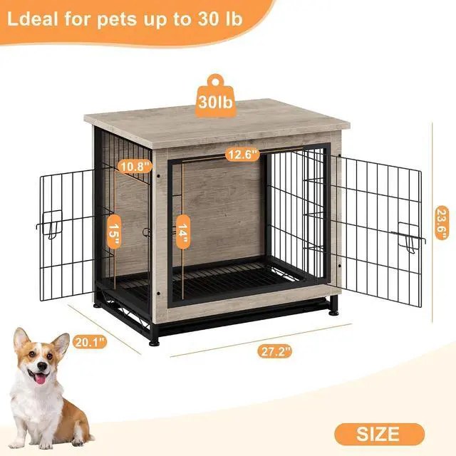 Alt view image 3 of 7 - Dog Crate Furniture, Side End Table, Modern Wooden Kennel for Dogs Indoor, Heavy-Duty Dog Cage with Multi-Purpose Removable Tray, Double-Door Dog House, Grey